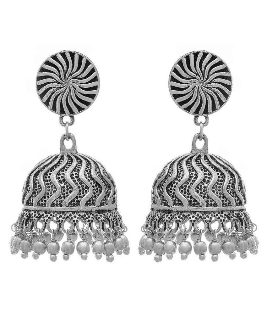     			JFL - Traditional Ethnic Fusion Handmade German Silver Plated Oxidised Designer Jhumka Jhumki Earring for Women & Girls