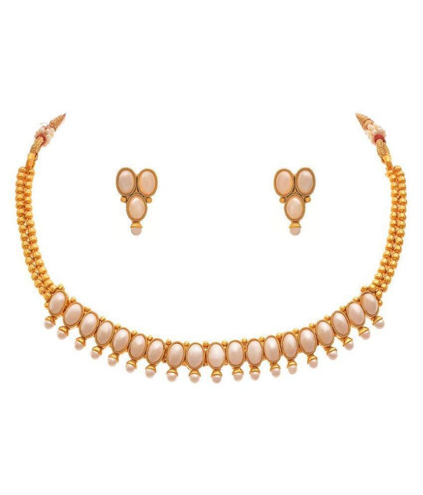     			JFL - Jewellery For Less Copper White Choker Traditional 22kt Gold Plated Necklaces Set