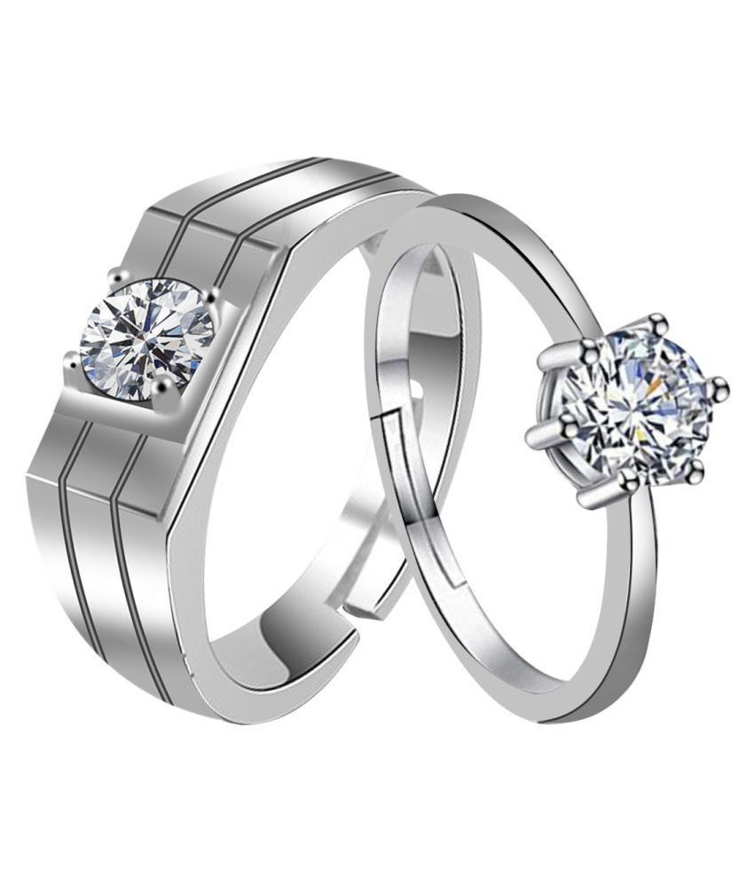     			SILVERSHINE, Exclusive silver plated simple and gorgeous one diamond adjustable couple ring for men and women.