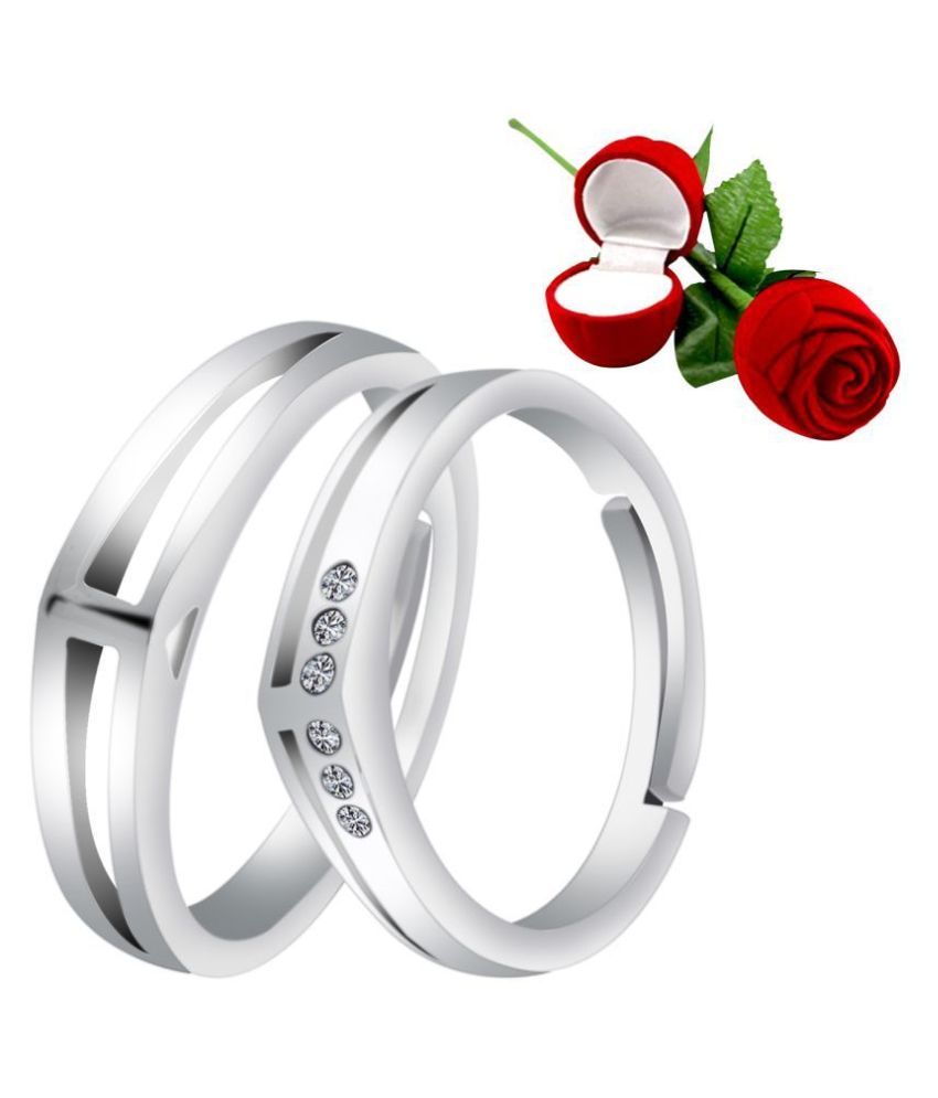     			Silver Shine Silver Plated Adjustable Couple Ring with 1 Piece Red Rose Gift Box  for Men and Women