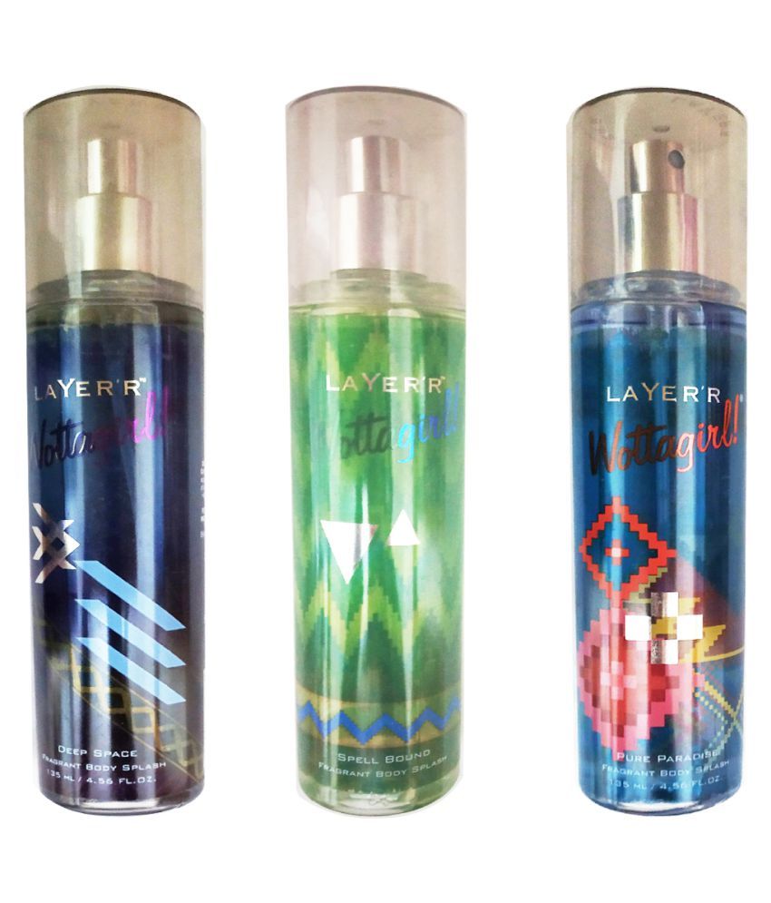 Each Combo Pack Contains 1 Layer Wottagirl Deep Space Fragrant Body Spray 135 Ml 1 Layer Wottagirl Pure Paradise Fragrant Body Spray 135 Ml 1 Layer Wottagirl Spell Bound