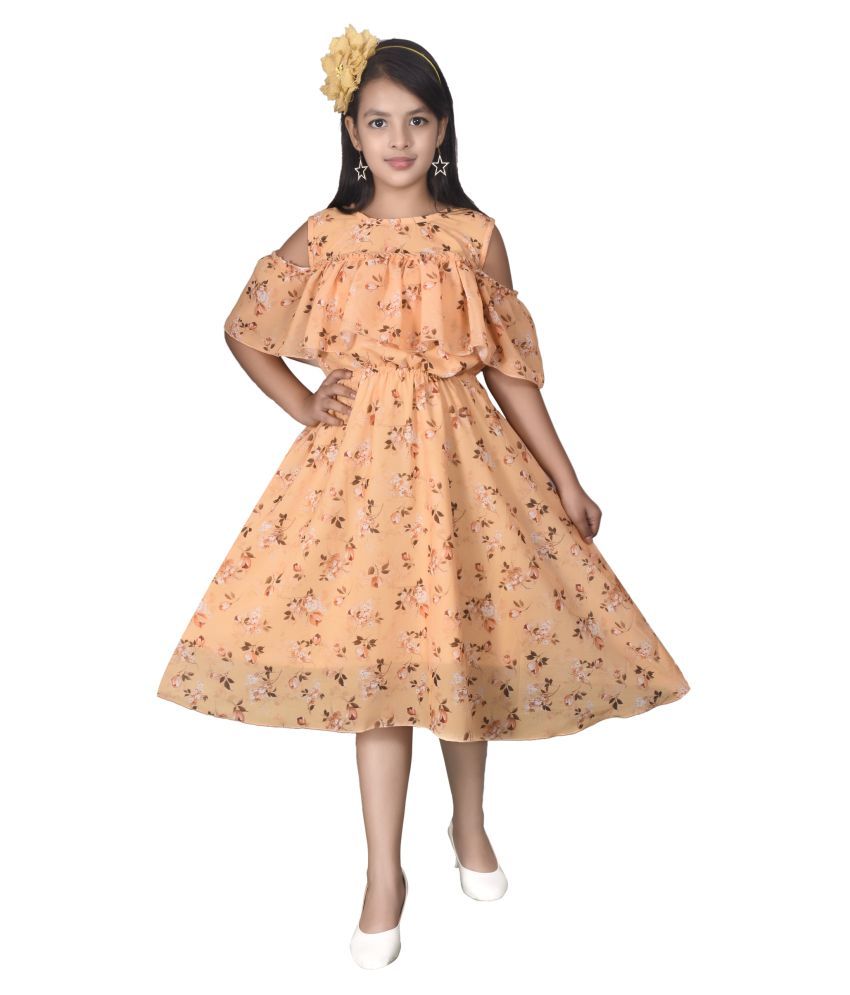     			Sky Heights georgette down shoulder knee length mustard dress for girls