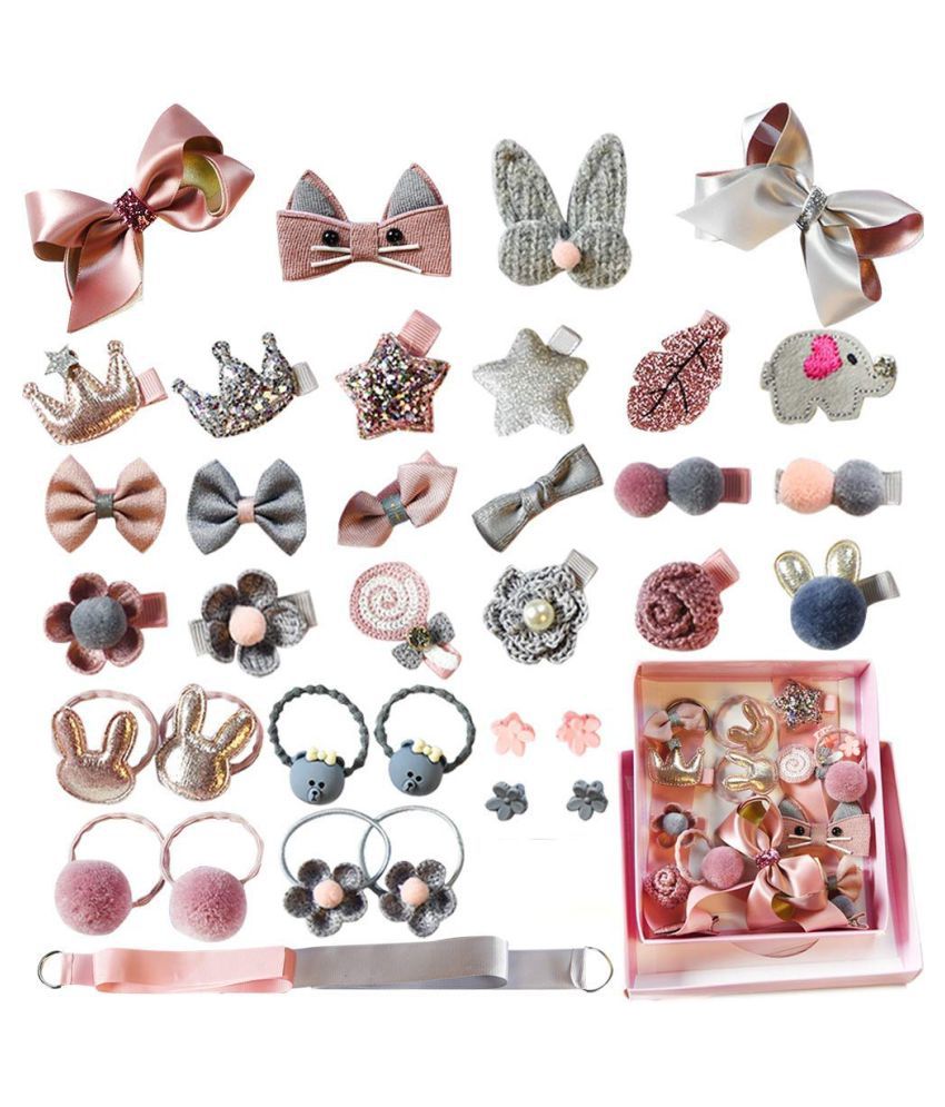 Grey and Pink Color 36Pcs/Set Mix Style Headwear Set Children Accessories  Ribbon Bow with Full Covered Clips Hairpins for Girls Princess Crown  Headdress Hair Accessories with Gift Box: Buy Online at Low