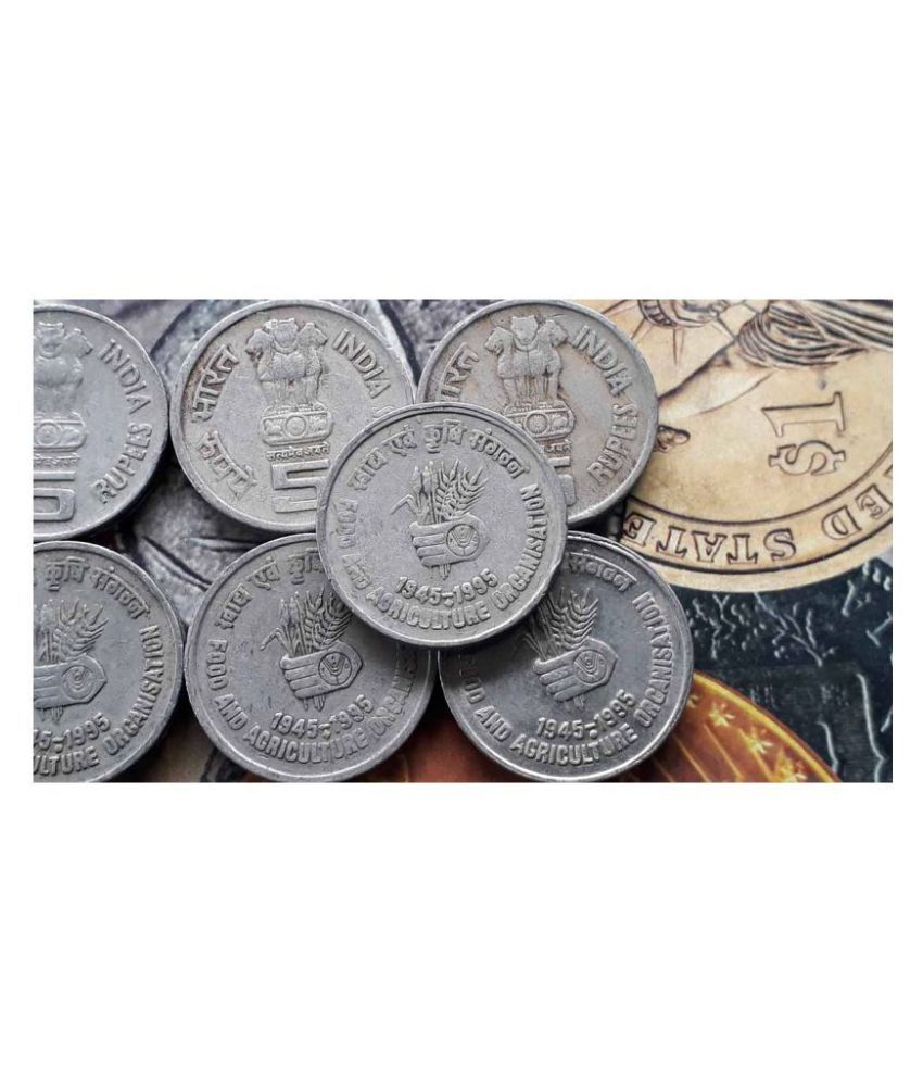     			50 Pieces LOT - 5 Rupee (FAO) (1995) Circulating commemorative COIN : 50 Years of FAO FOOD & AGRICULTURE Copper-nickel • 9 g • ⌀ 23 mm* CIRCULATED Condition - INDIA