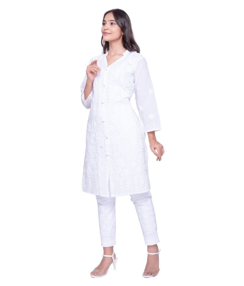 Lucknowi chikankari Kurti White Cotton A-line Kurti - Buy Lucknowi chikankari Kurti White Cotton 