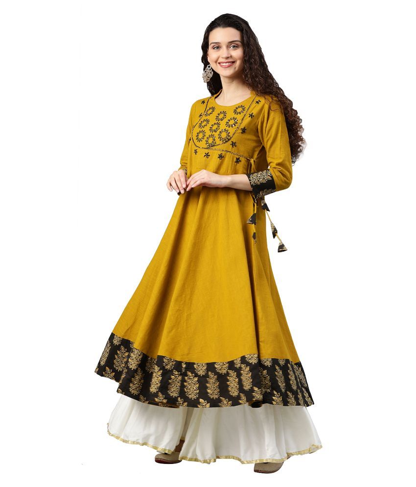     			Yash Gallery Yellow Cotton Angrakha Kurti