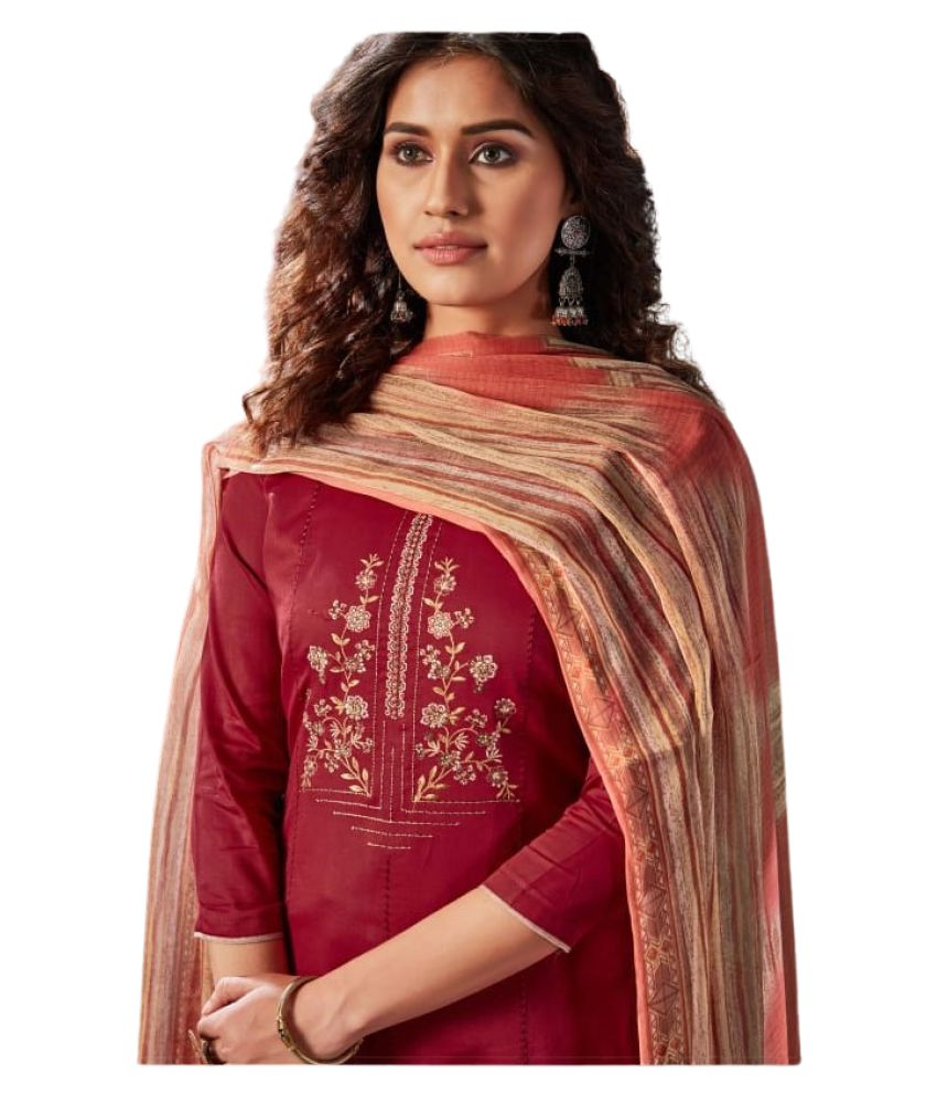 Saffron Attires Maroon Cotton Blend Unstitched Dress Material Buy