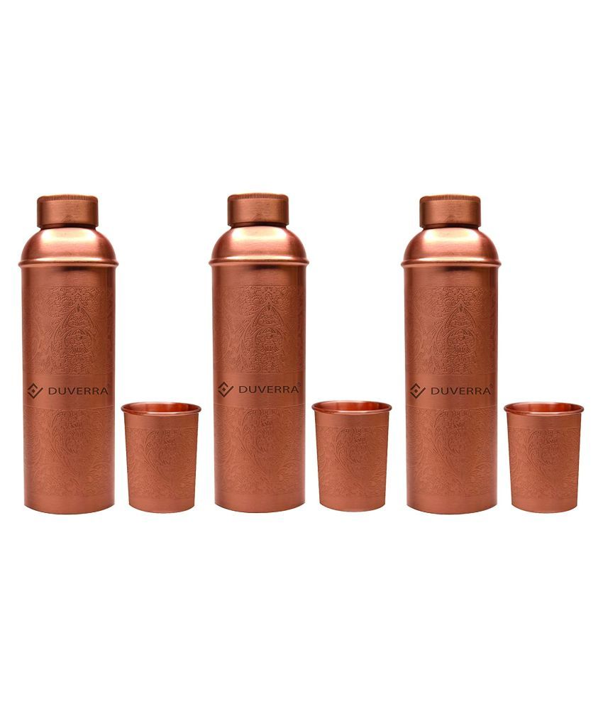 DUVERRA Engraved Antique Copper Bottle with Glass Set of 6 Copper 850