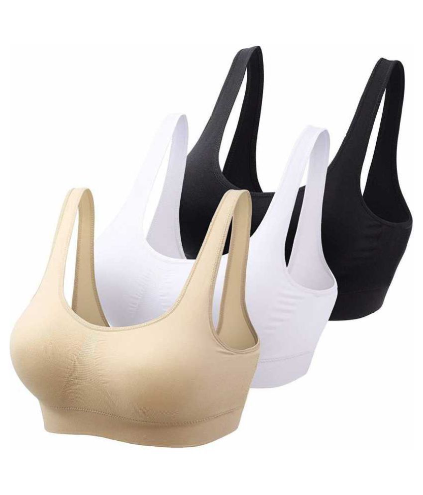 Women Sports Non Padded Bra  (White, Black, Skin)/Fabric-Cotten Black,White,Beige Cotton Self Design Sports Bra