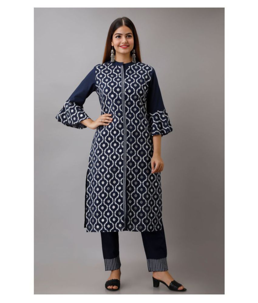     			Frionkandy - Navy Blue Straight Cotton Women's Stitched Salwar Suit ( Pack of 1 )