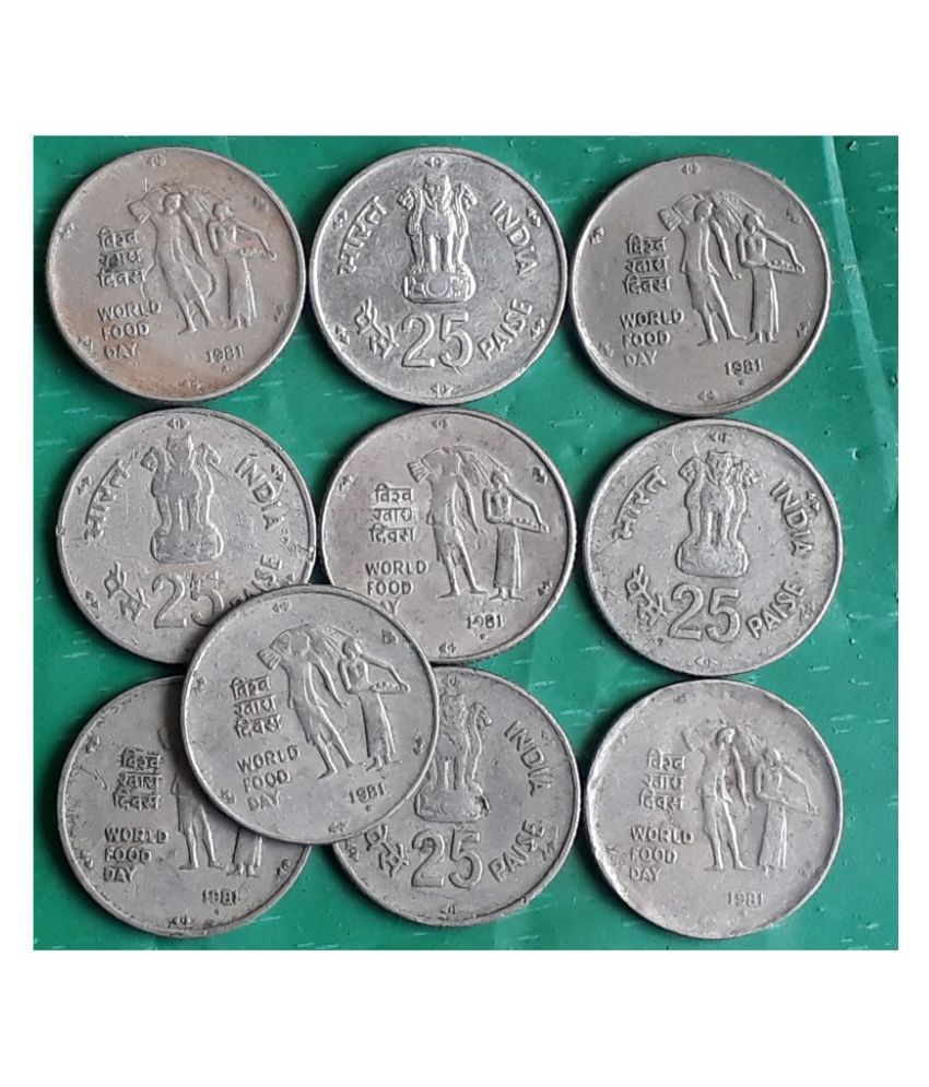     			10 Pieces LOT - 25 P (FAO) 1981 Commemorative: FAO - World Food Day Copper-nickel – 2.5 g india