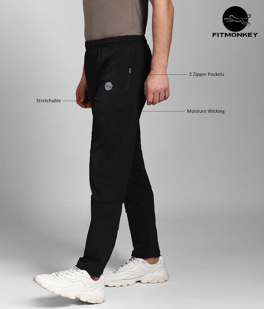 Black Polyester Lycra Trackpant for Men by FITMonkey (Slim Fit)