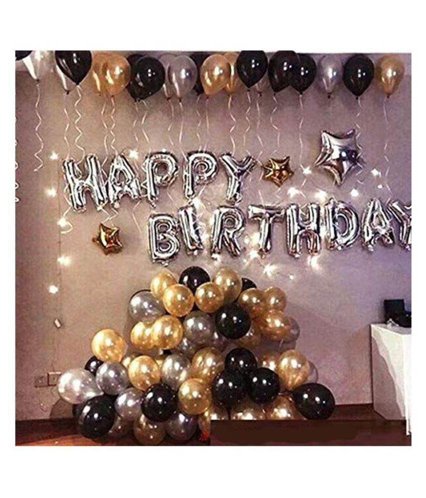     			Happy Birthday Silver Foil Balloon+ 30 Metallic Balloons (Black, Gold and Silver)