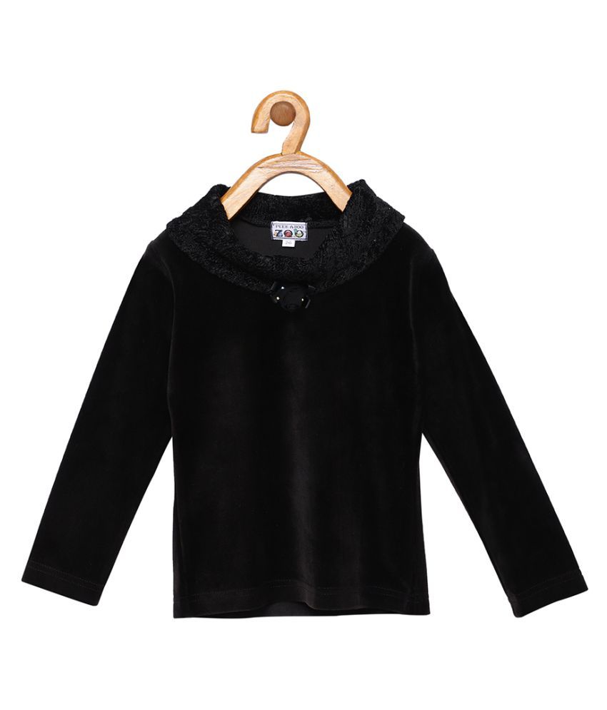 Peek a boo zoo Faux Velvet Black Solid Cowl Neck Full Sleeve Casual Sweater Girls Top