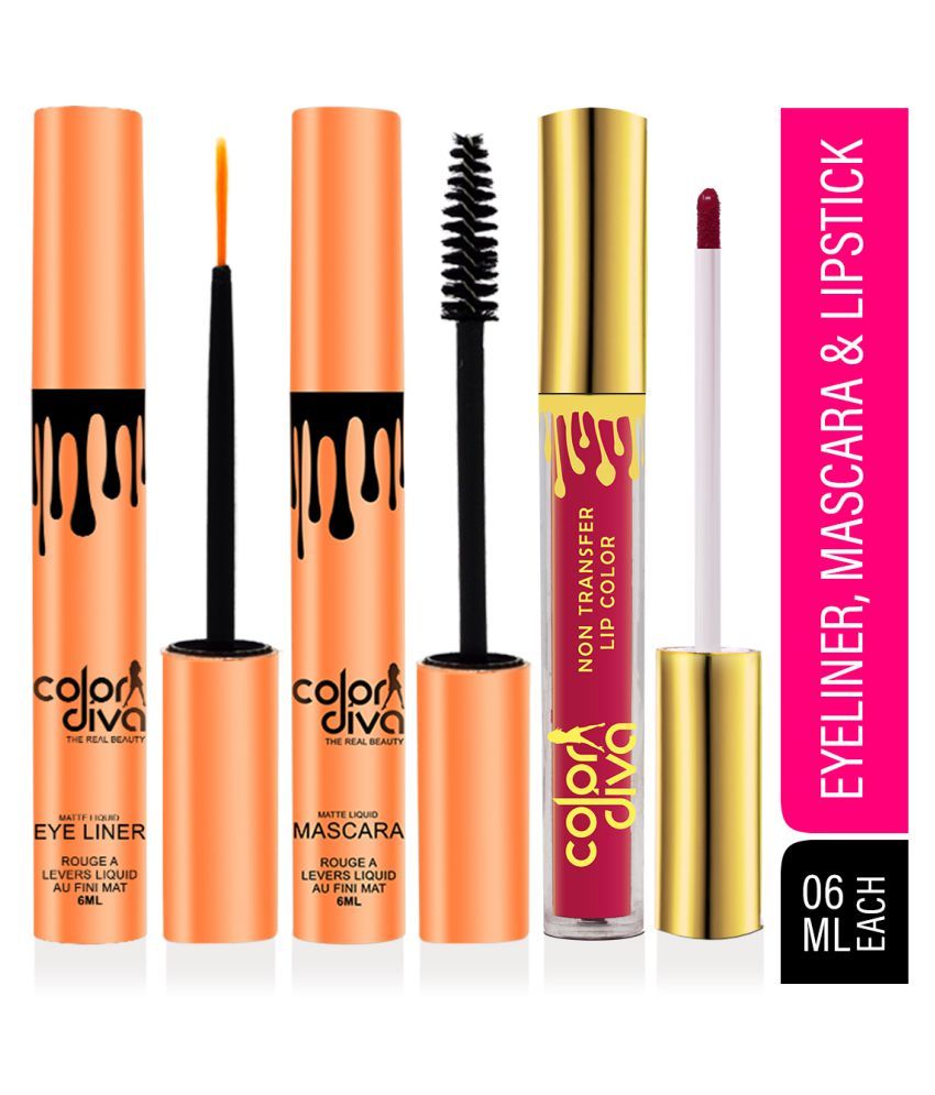     			Color Diva Waterproof Eyeliner, Mascara & Liquid Lipstick Makeup Kit Pack of 3 18