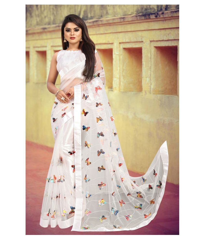     			Gazal Fashions - White Net Saree With Blouse Piece (Pack of 1)