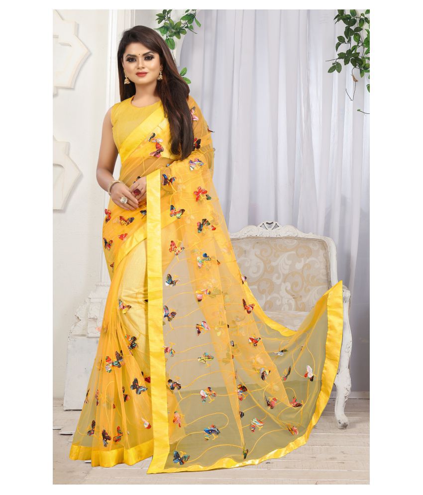 Gazal Fashions Yellow Net Embroidered Party Wear Saree