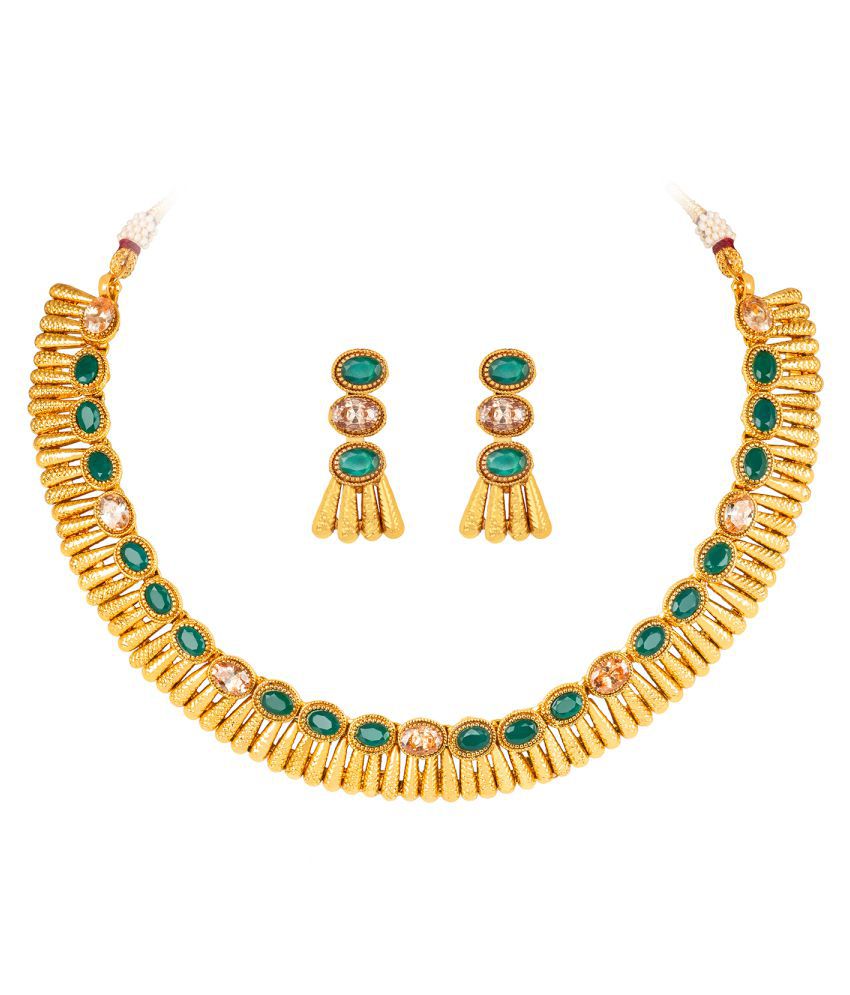     			JFL - Jewellery For Less Copper Green Traditional Gold Plated Necklaces Set