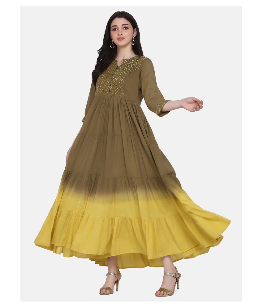     			Aarrah Yellow Cotton Ethnic Gown