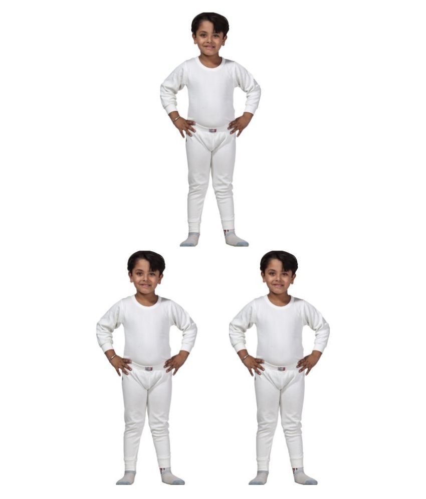    			Lux Inferno Boys & Girls White Round Neck Full Sleeves Upper & Lower Thermal Set - Pack of 3