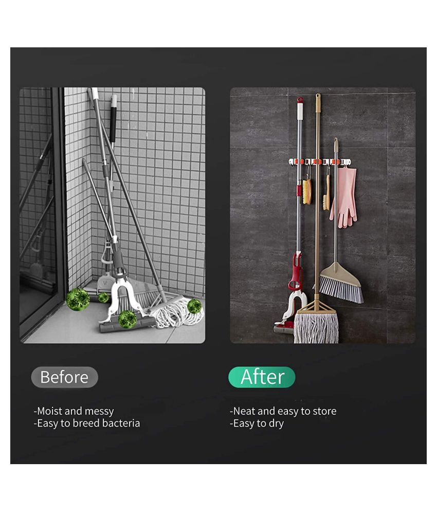 Wall-Mounted Storage Rack Broom and mop Holder 304 Stainless Steel mop Holder with 3 Positions and 4 Hooks for Storage and Organization of Other Items of Broom and mop GELUNBIY Broom Holder 