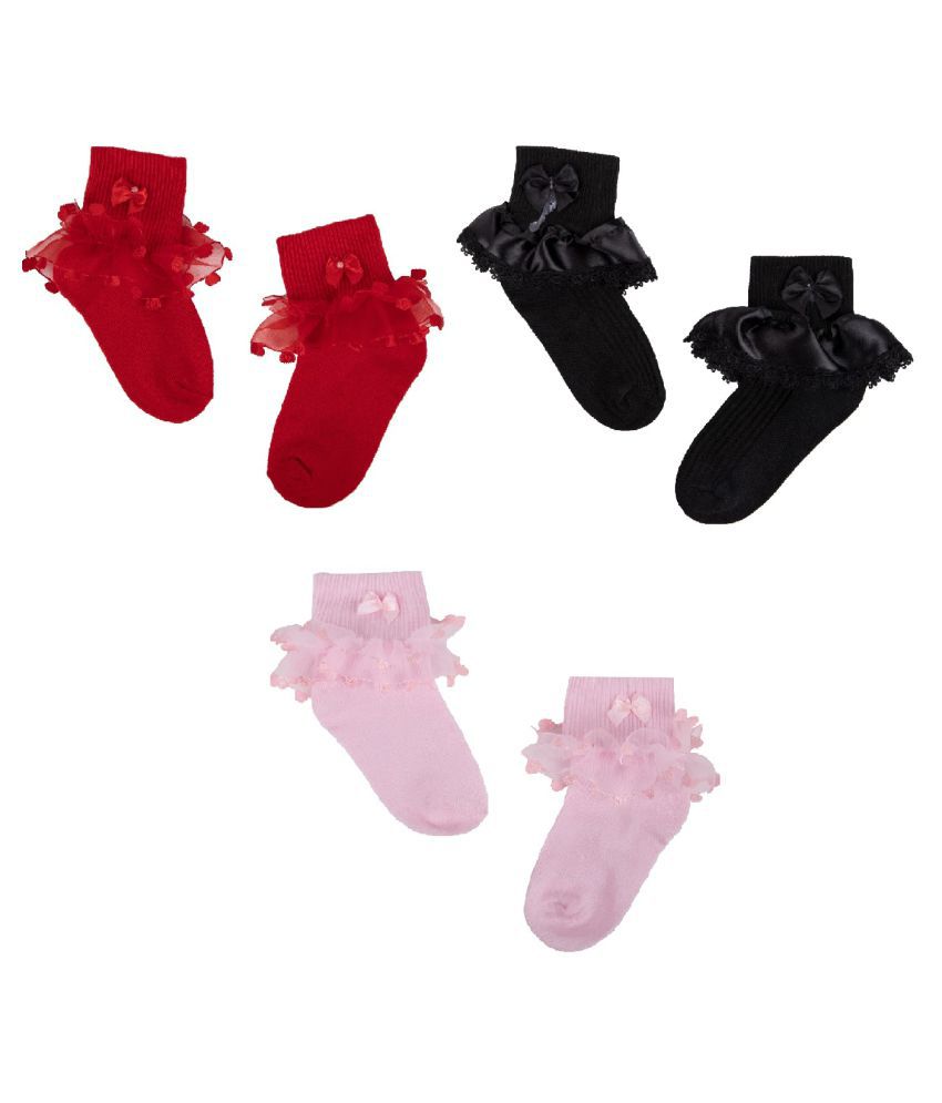 N2S NEXT2SKIN Girl's and Babies Frill Socks Cotton Socks for Children - Pack of 3 Pairs (Red:Black:BabyPink, L (6-8 Yrs))
