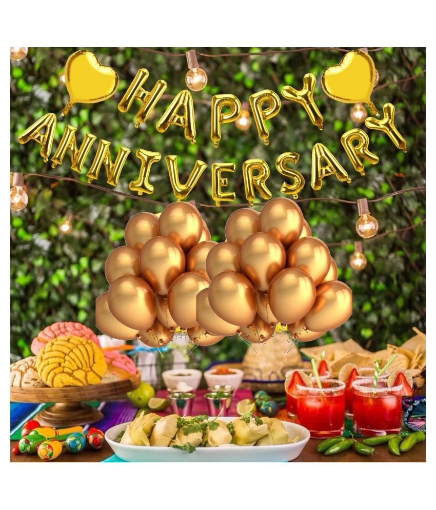     			Kiran Enterprises Happy Anniversary (16 Gold Foil Letters)  + 2 Gold Heart + 30 Metallic Balloons (Gold)