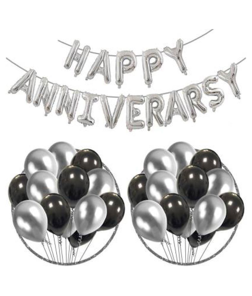     			Kiran Enterprises Happy Anniversary (16 Silver Foil Letters) + 30 Metallic Balloons Combo (Black ,  Silver)