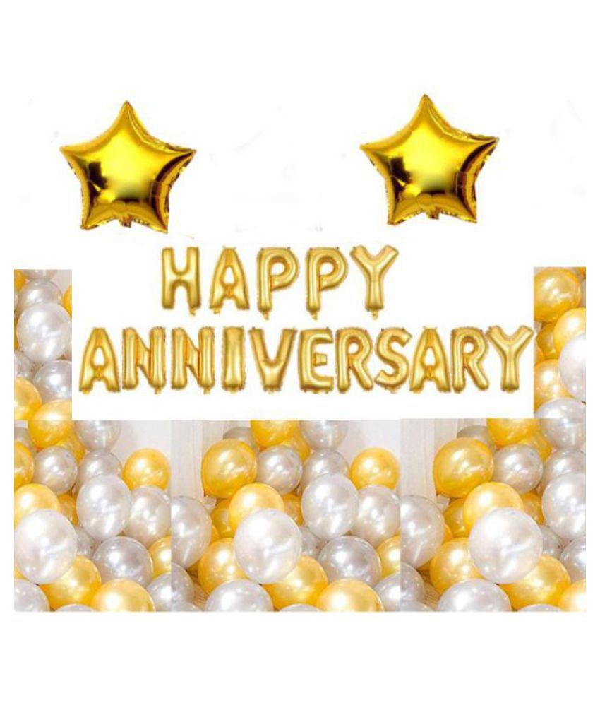     			Pixelfox Happy Anniversary (16 Gold Foil Letters) + 2 Gold Star (10 inch) + 30 Metallic Balloons Combo (Silver , Gold)