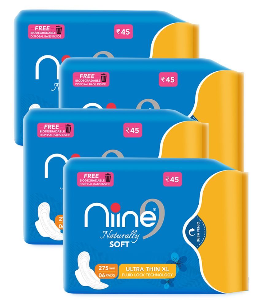     			Niine Naturally Soft Ultra Thin XL Sanitary Pads with Free Biodegradable Disposal Bags Inside (Pack of 4), 24 Pads Count