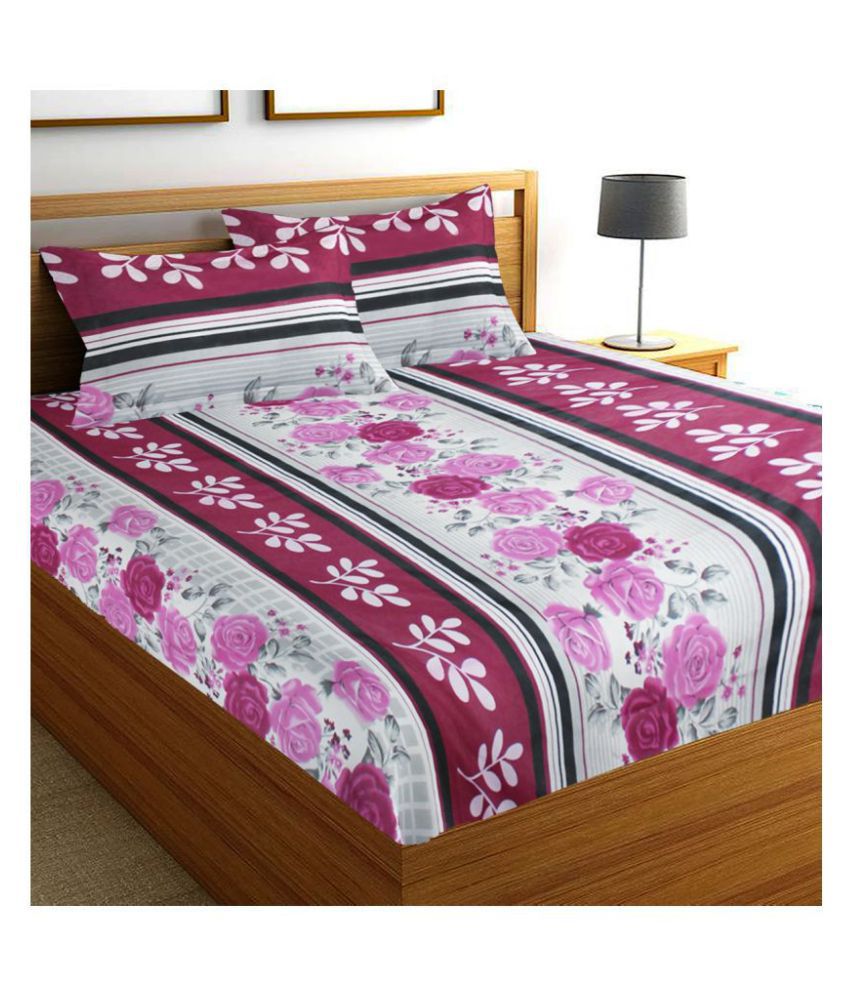     			HOMETALES Cotton Floral Double Bedsheet with Two Pillow Covers -Pink