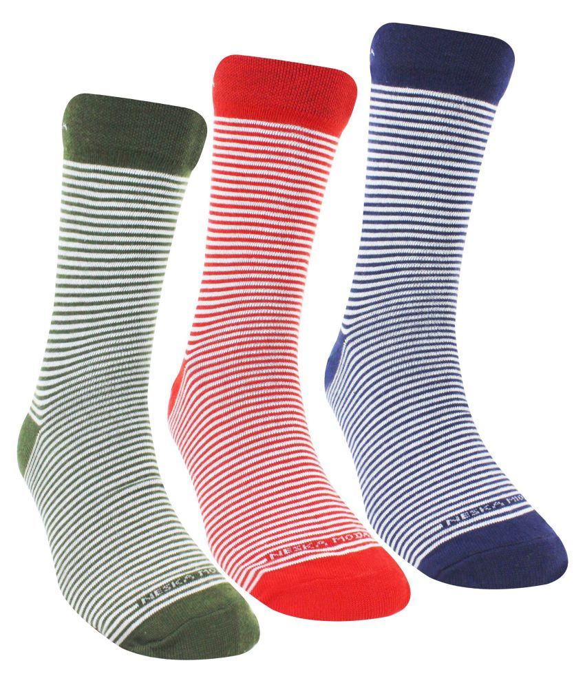 Neska Moda Women #039;s 3 Pair Striped Cotton Crew Length Socks Red,Dark Blue,Green