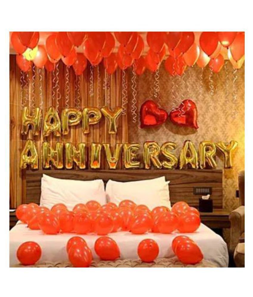     			Pixelfox Happy Anniversary Letters Foil Balloons (Golden) + 2 Red Heart Foil Balloons + 50 Red Party Decorations Balloons