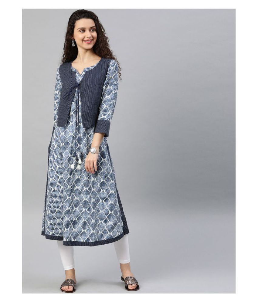     			Yash Gallery - Blue Cotton Women's Jacket Style Kurti ( Pack of 1 )