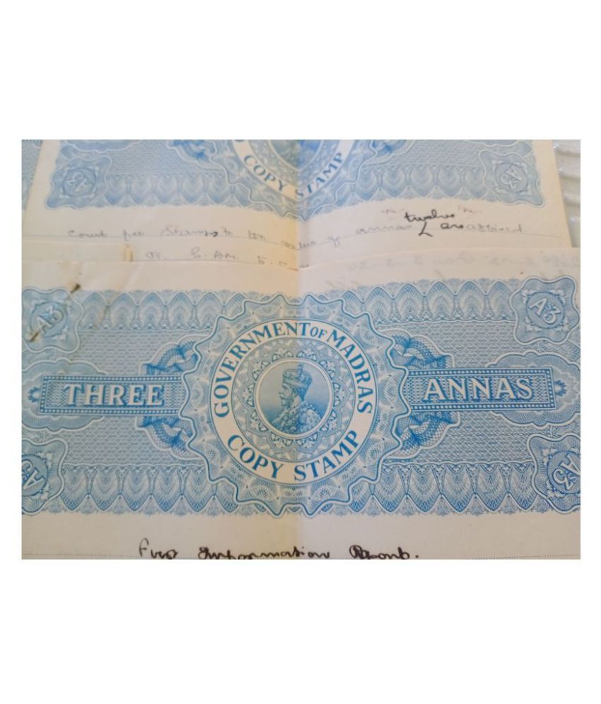     			50 Bond Papers LOT - British India GOVERNMENT OF MADRAS - King George V ( KG V) - 3 Annas BLUE - Used SAMPLE PHOTO  WATERMARK