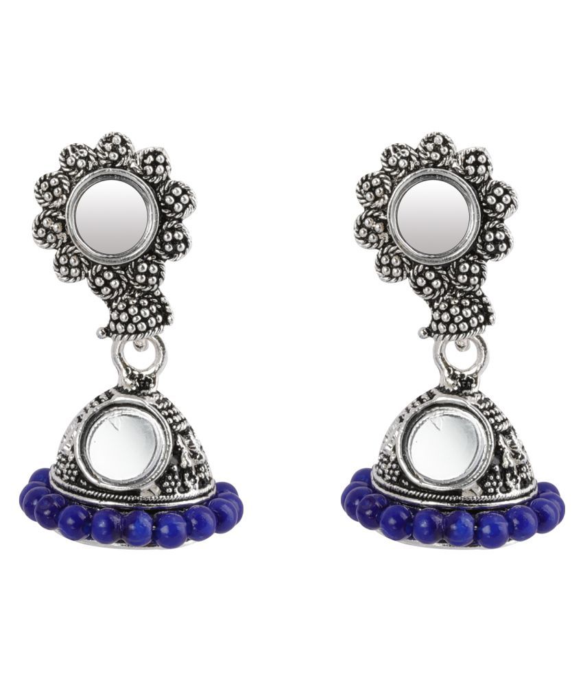     			SILVER SHINE  Appealing Blue Mirror with Beads Jhumki Earrings