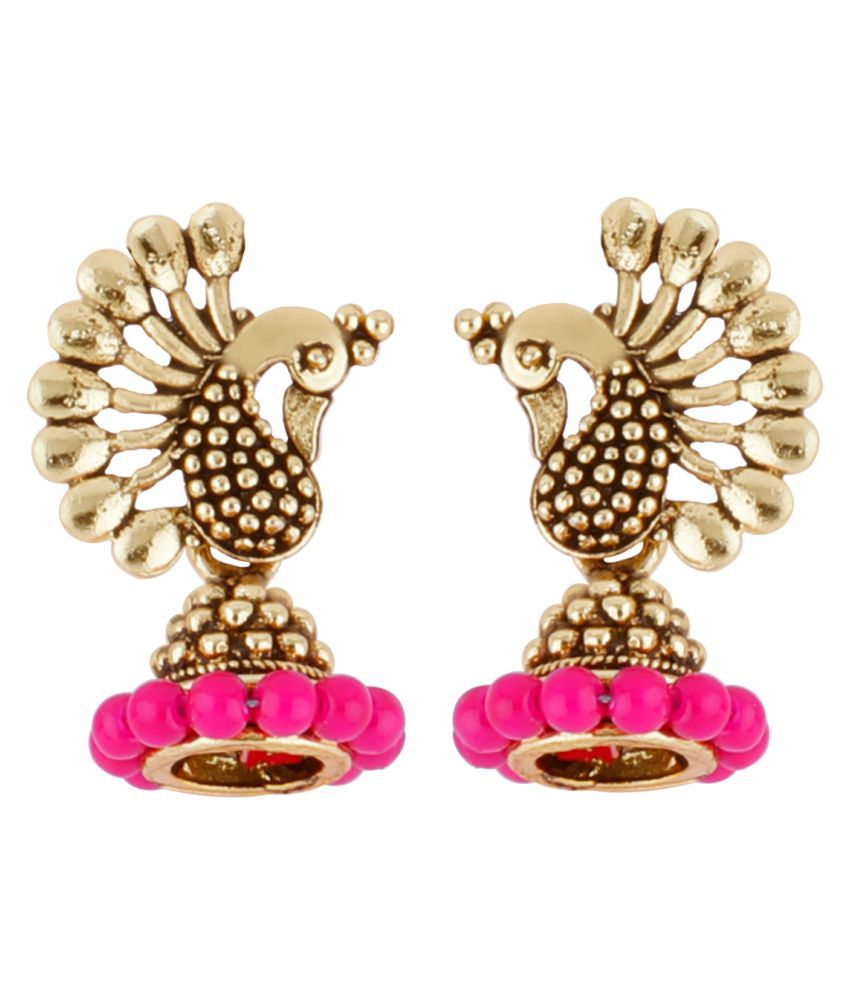     			SILVER SHINE  Beautiful Pink Beads in Peacock Shape Jhumki Earrings