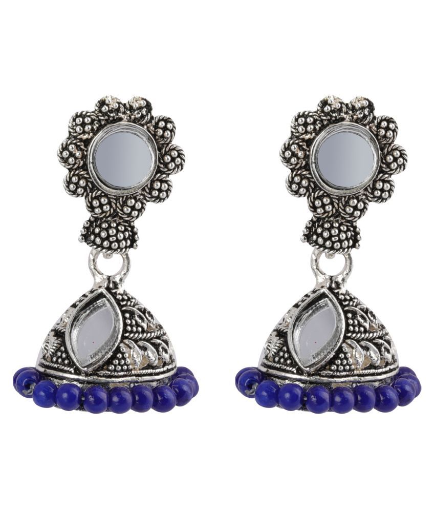     			SILVER SHINE  Gorgeous  Blue Mirror with Beads Jhumki Earrings