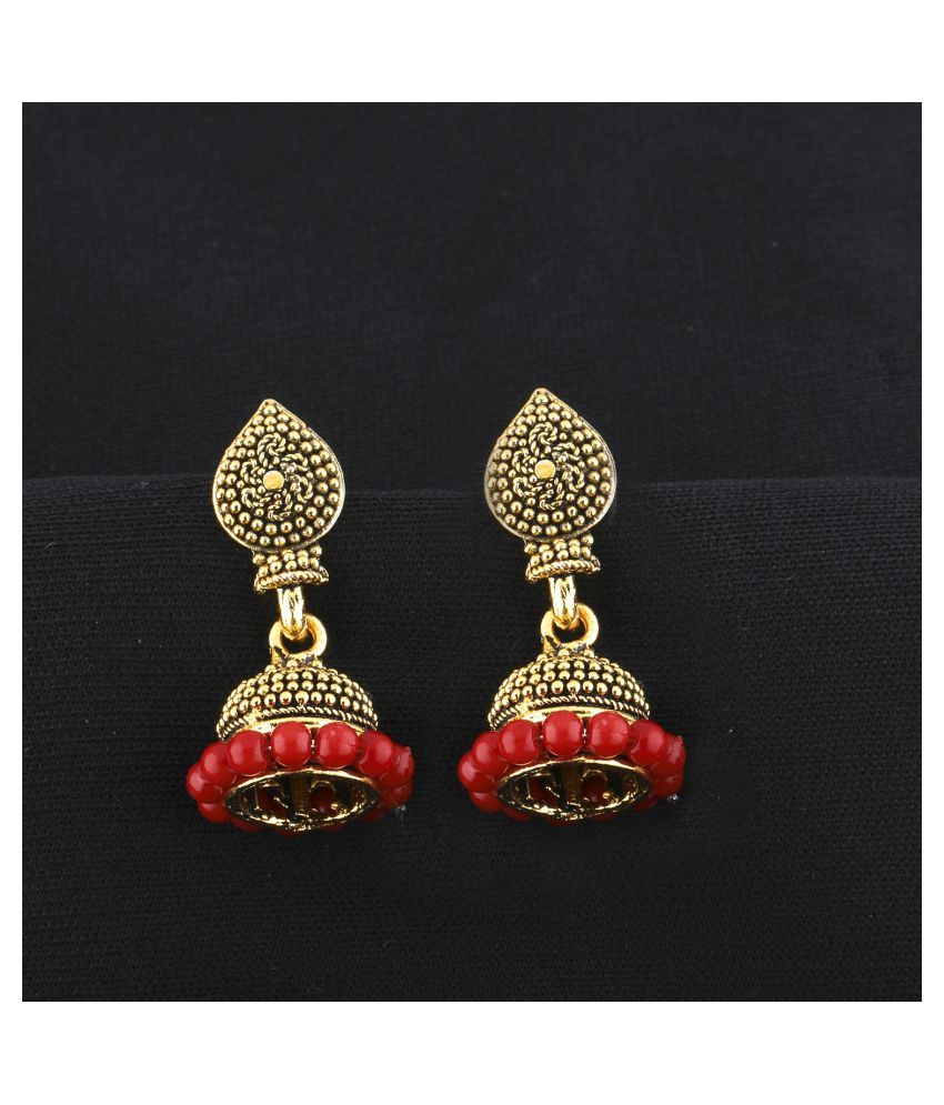     			SILVER SHINE  Graceful Red Beads with Golden Dots  Jhumki Earrings