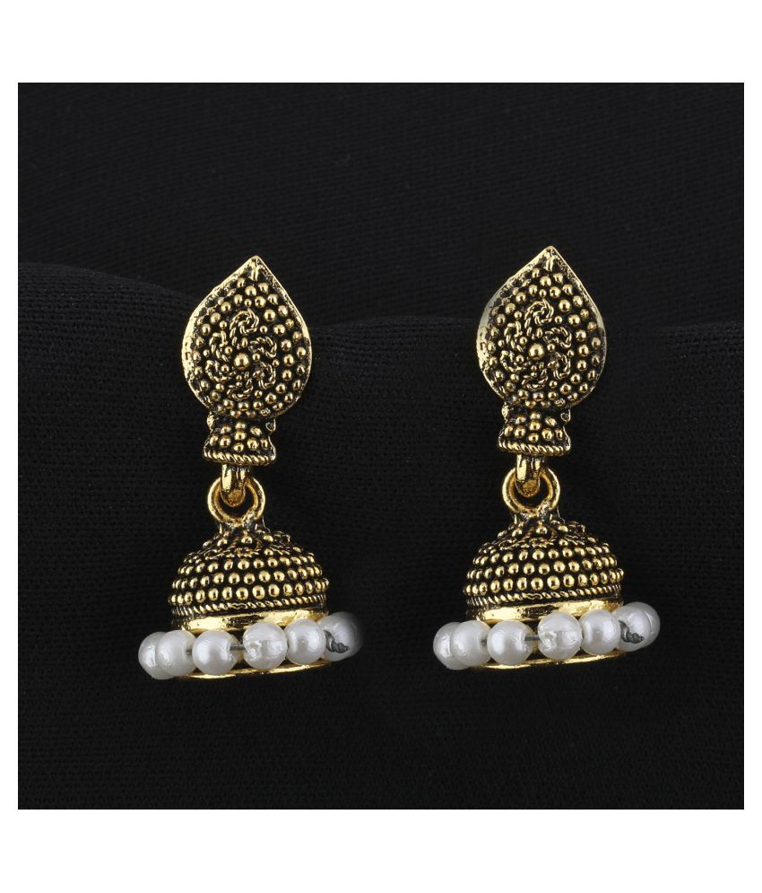     			SILVER SHINE  Lovely White Beads with Golden Dots  Jhumki Earrings