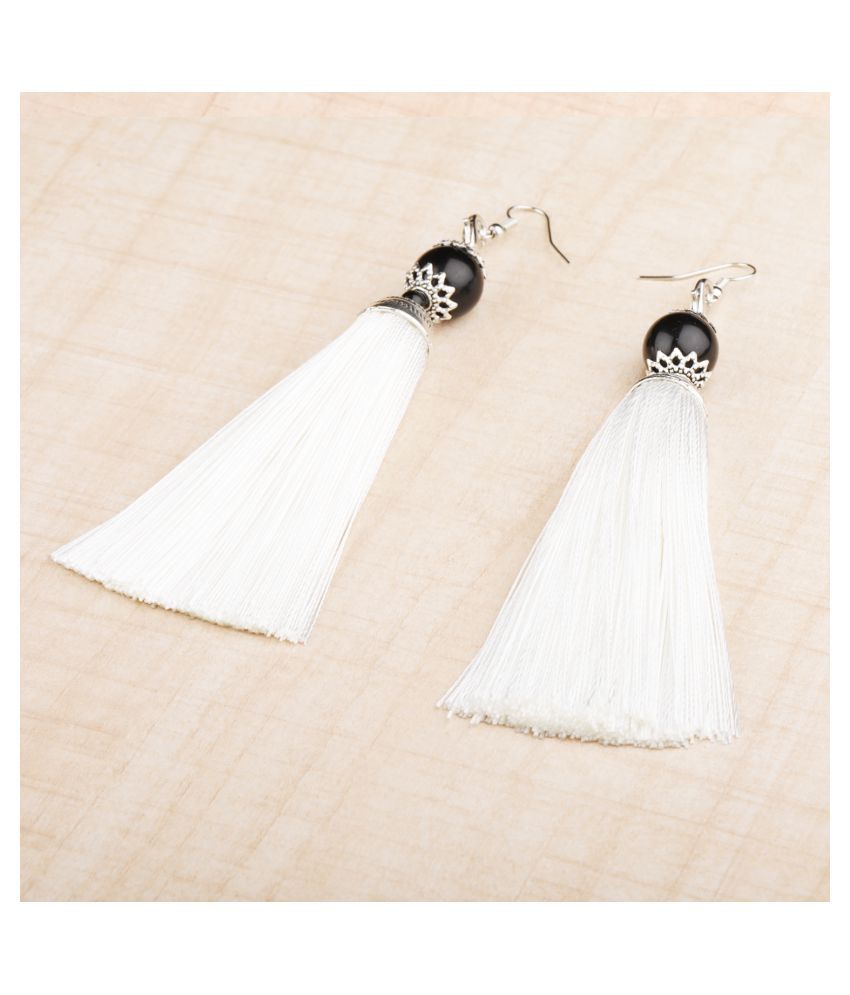     			SILVER SHINE  Spunky White Long Thread Tassel Earrings for Women