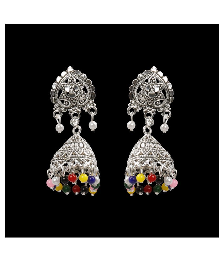     			SILVER SHINE  Alluring Multicolor Flower and Beads Jhumki Earrings