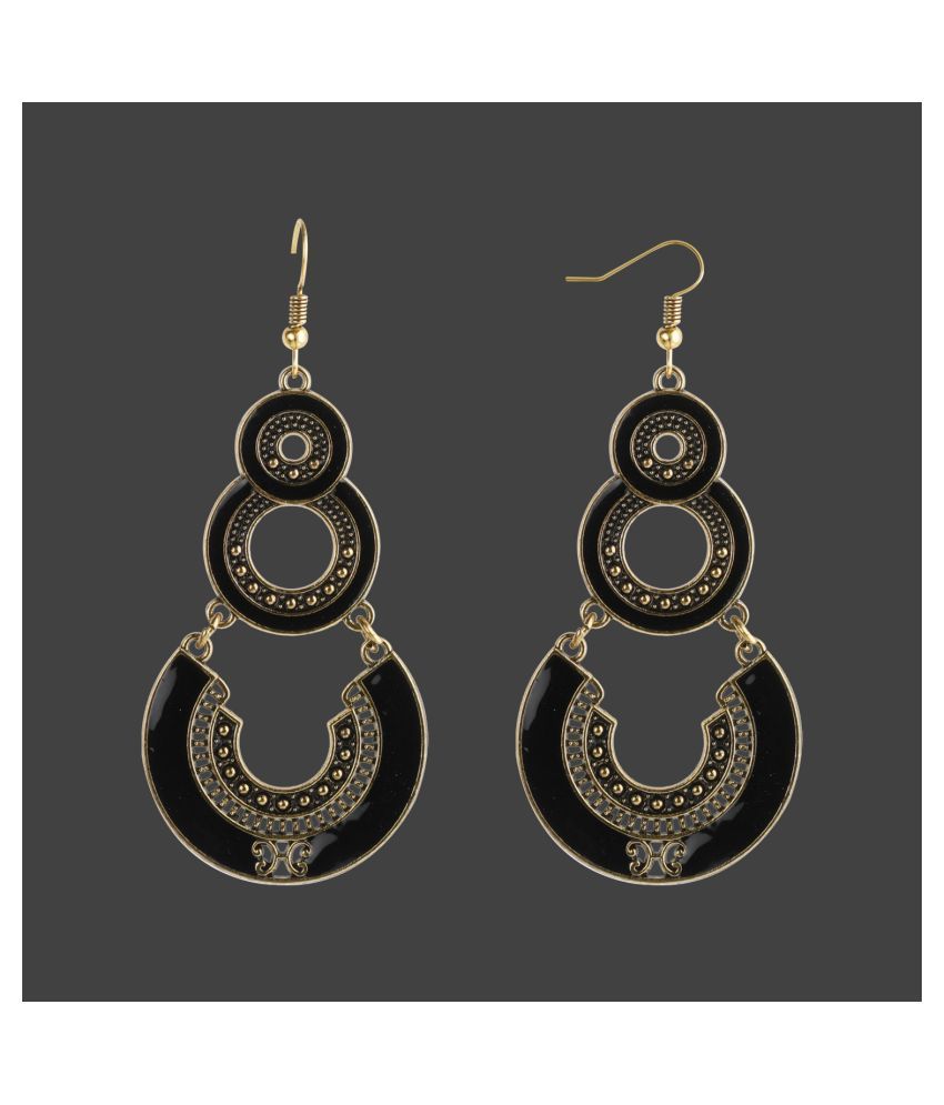     			SILVER SHINE  Golden Black Enamel Work Double Dangler Chandbali Earrings for Women