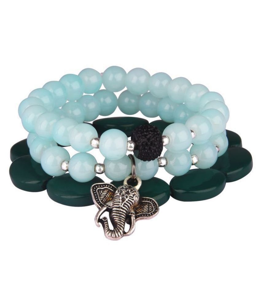     			JFL - Jewellery For Less Modern Fusion Two Pale Turquoise Onyx Stone with Silver Platted Elephant Face and Black Bead & Dark Green Oval Agate Stone Stretchable Bracelet for Womens & Girls