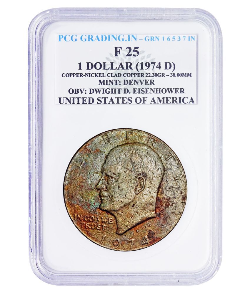     			(PCG Graded) 1 Dollar (1974 D) Copper-22.30 Gr. Mint : Denver OBV : Dwight D. Eisenhower United State of America 100% Original PCG Graded Coin