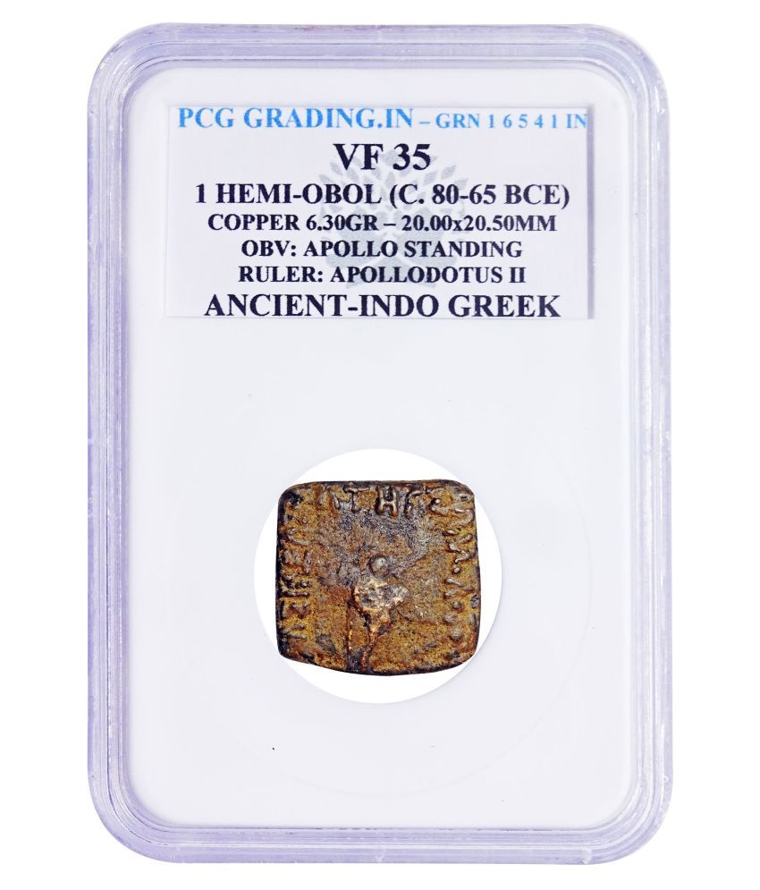     			(PCG Graded)1 Hemi-Obol(C.80-65 BCE) Copper-6.30 Gr. OBV : Apollo Standing Rular : Apollodotus II Ancient Indo Greek 100% Original PCG Graded Coin