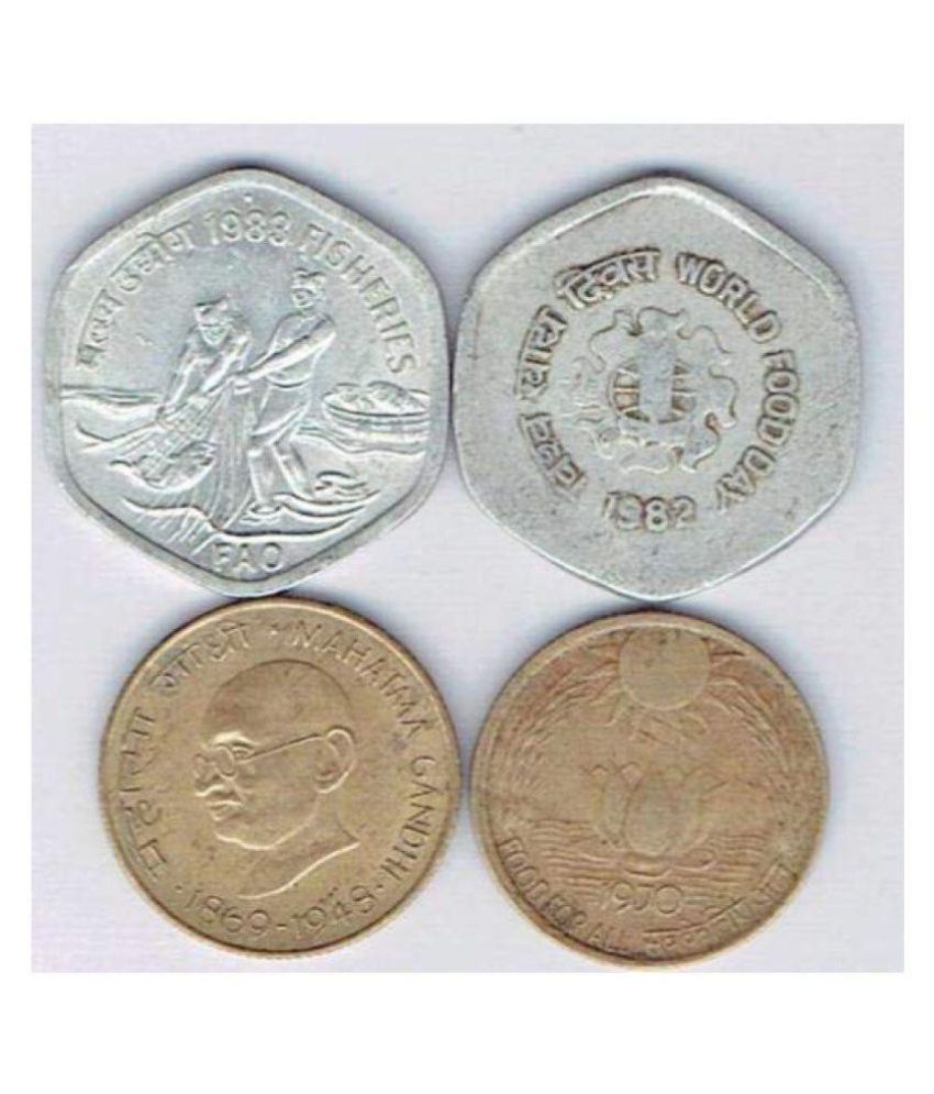     			PE -  ALU and Bronze Commemorative 4 Coins - Set of 20 Paise - Mahatma Gandhi , Sun & Lotus , World Food Day , Fisheries