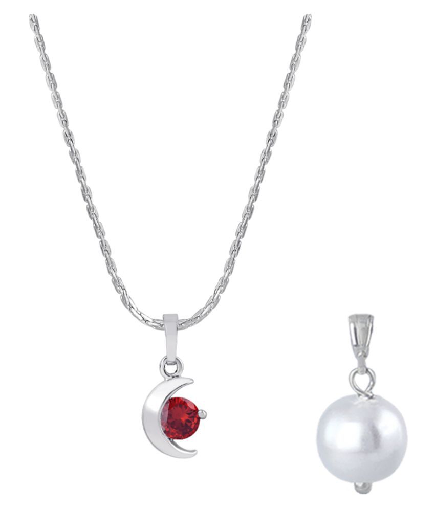     			Fashion Combo of Silver Plated Cubic Zircon Red Half Moon Solitaire Pendant and Japanese Pearl Pendant with Chain for Women and Girls