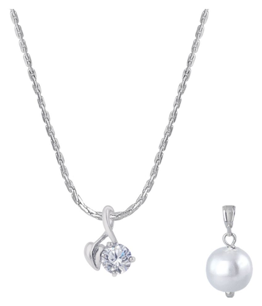     			Fashion Combo of Silver Plated Cubic Zircon Leaf Solitaire Pendant and Japanese Pearl Pendant with Chain for Women and Girls