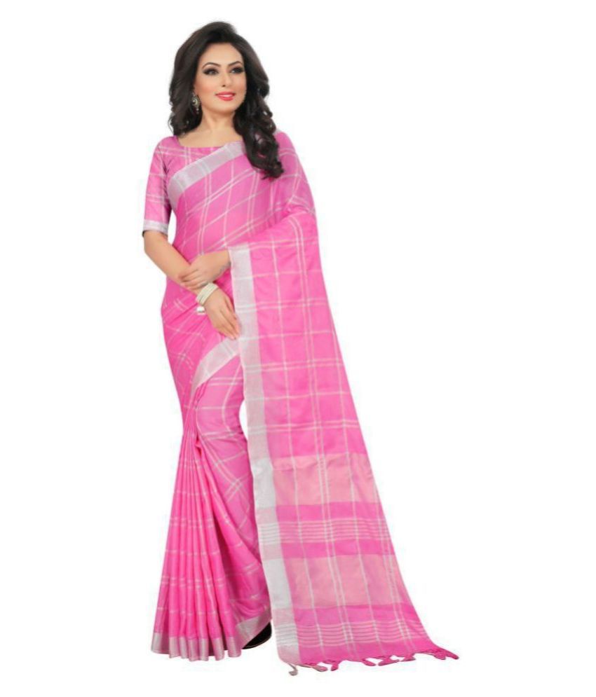 offline selection - Pink Linen Saree With Blouse Piece (Pack of 1)